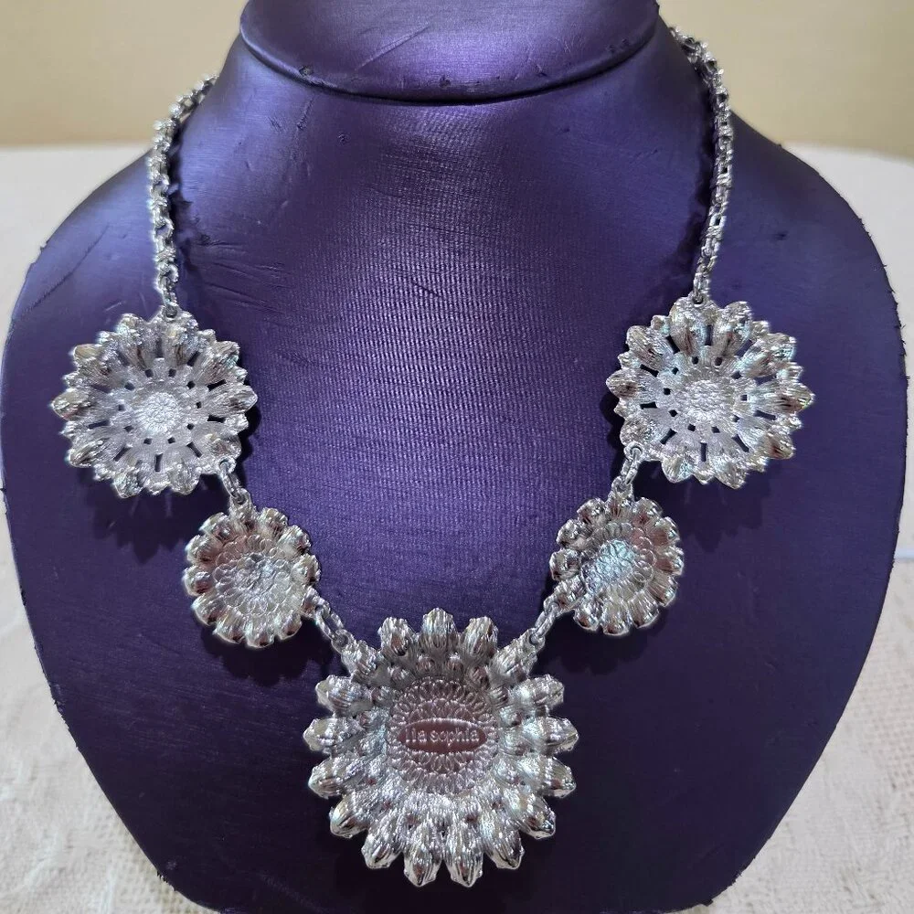 CHRISTINA'S JOY Rhinestone Sunflower Flower Floral Statement Runway Necklace
